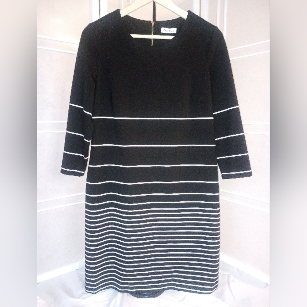 Calvin Klein Women's Black Dress 10P Zippered Back 3/4 Sleeves Midi Office